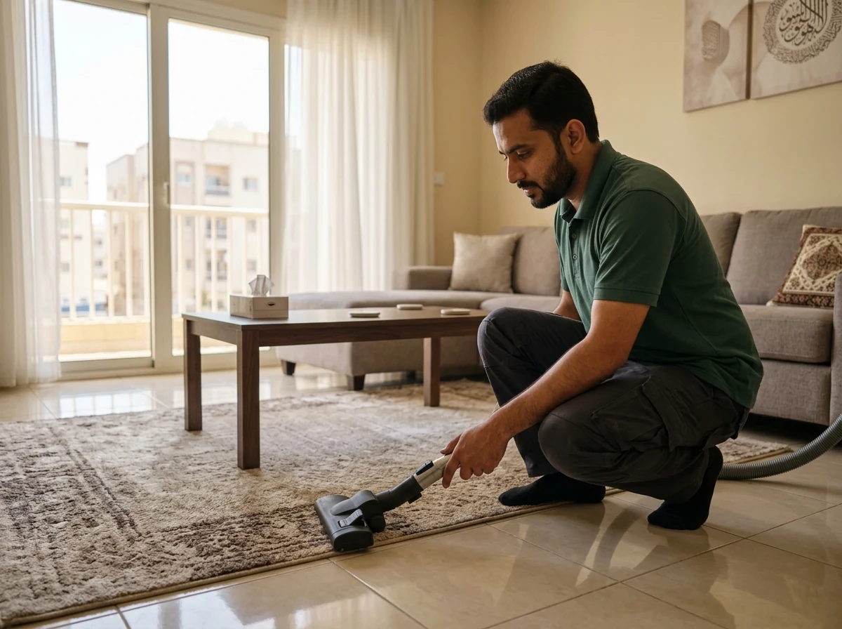 تنظيف سجاد وأرضيات شقة سكنية حديثة بمكة المكرمة باستخدام مكنسة متطورة