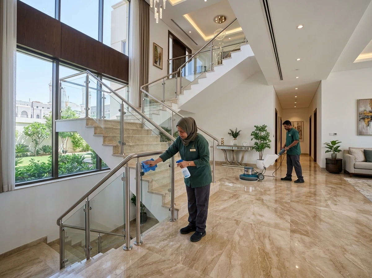 تنظيف وجلي أرضيات رخام ودرج فيلا سكنية فسيحة في مكة